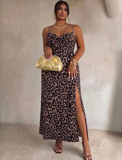 Firerie Women's Leopard Print Slit Design Casual Party Spaghetti Strap Dress