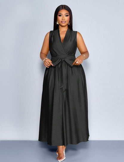 Linen Belted V-Neck Sleeveless Special Process Elastic Waist Pleated Mid-Length A-Line Dress