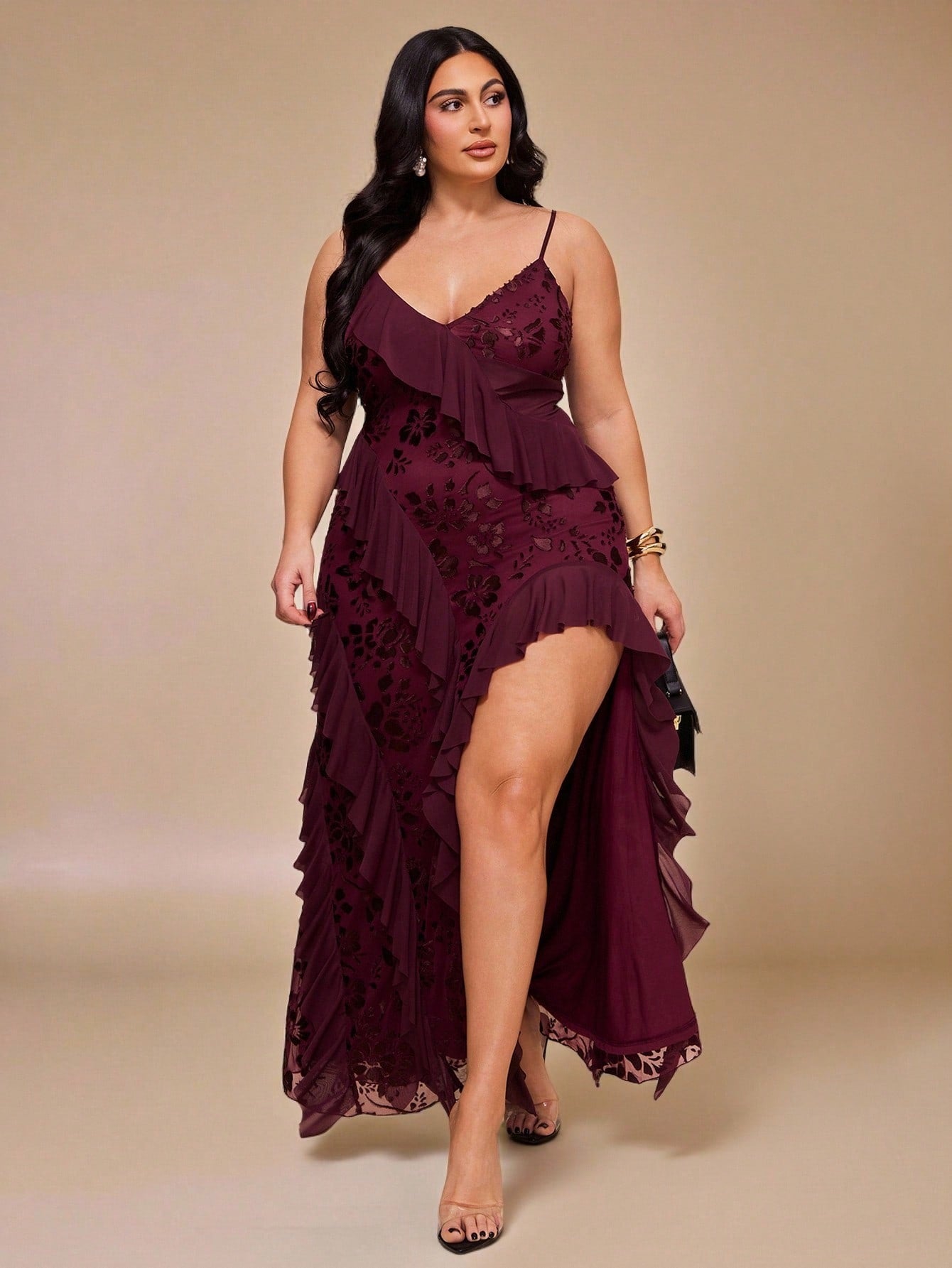 High Fashion Brand @CHRISTIANDELOS_ Asymmetric Ruffle Hem Dress, High Slit, Burgundy, Outfits For Women || VERI CLASSY VERI DEMURE •••