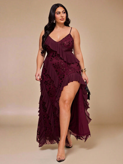 High Fashion Brand @CHRISTIANDELOS_ Asymmetric Ruffle Hem Dress, High Slit, Burgundy, Outfits For Women || VERI CLASSY VERI DEMURE •••