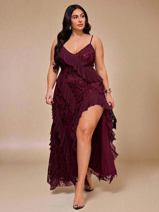 High Fashion Brand @CHRISTIANDELOS_ Asymmetric Ruffle Hem Dress, High Slit, Burgundy, Outfits For Women || VERI CLASSY VERI DEMURE •••