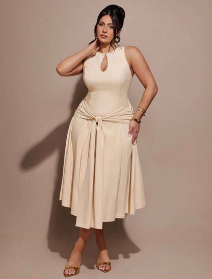 Beige Stunning Curve Cocktail Slit Silhouette Dress - CHRISTIANDELOS FASHION