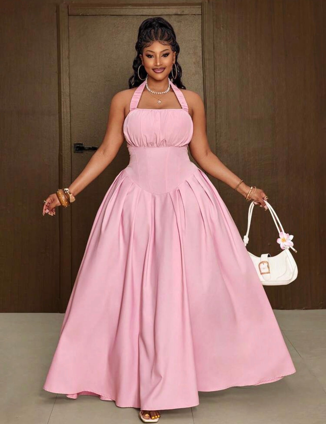 Sweet Solid Color Versatile Waist Cinching Simple Neck Line Dress For Women