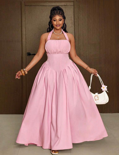 Sweet Solid Color Versatile Waist Cinching Simple Neck Line Dress For Women