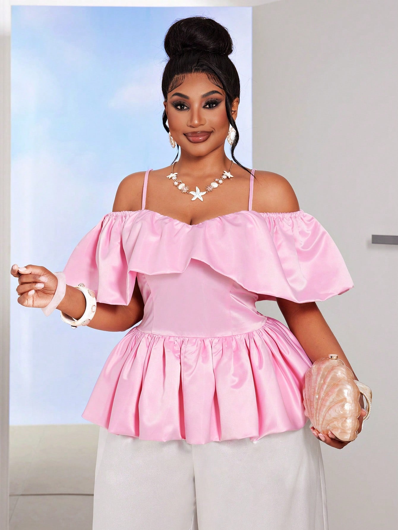 Pink Ruffle Off Shoulder Cinched Waist Short Blouse | VERI CLASSY VERI DEMURE