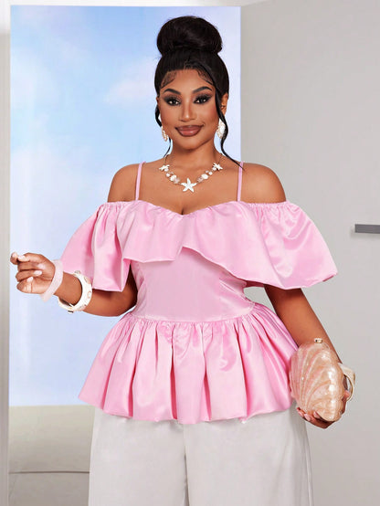 Pink Ruffle Off Shoulder Cinched Waist Short Blouse | VERI CLASSY VERI DEMURE