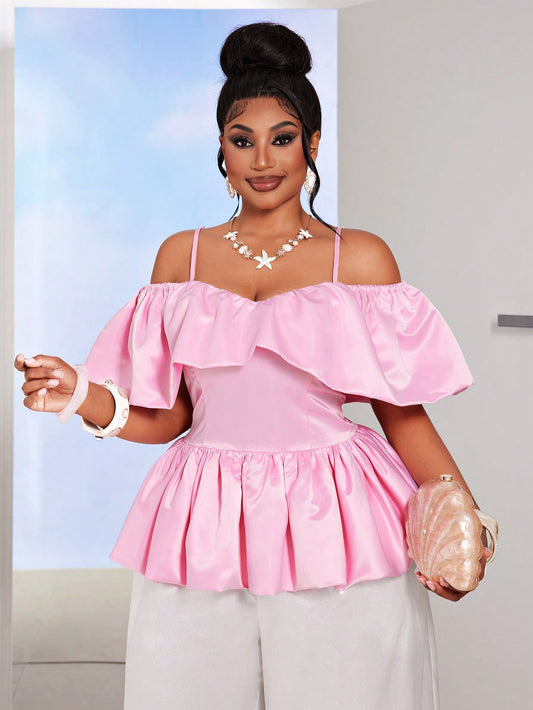 Pink Ruffle Off Shoulder Cinched Waist Short Blouse | VERI CLASSY VERI DEMURE