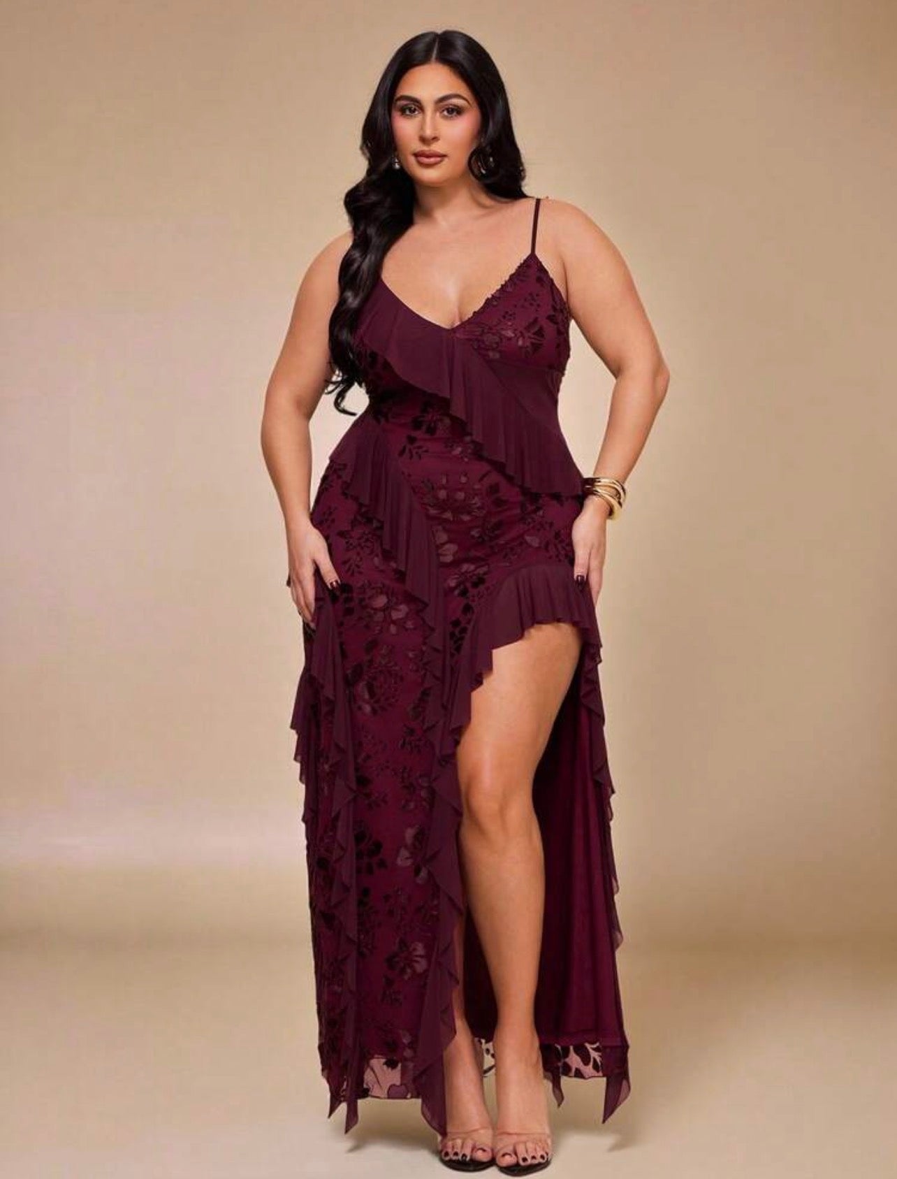 High Fashion Brand @CHRISTIANDELOS_ Asymmetric Ruffle Hem Dress, High Slit, Burgundy, Outfits For Women || VERI CLASSY VERI DEMURE •••