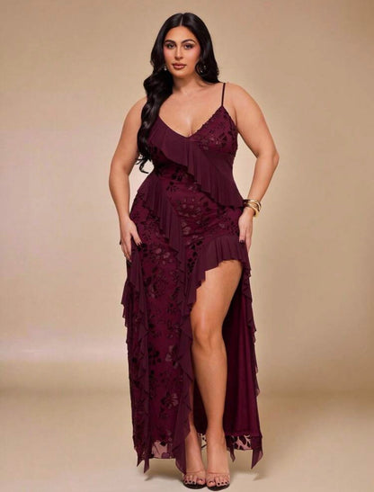 High Fashion Brand @CHRISTIANDELOS_ Asymmetric Ruffle Hem Dress, High Slit, Burgundy, Outfits For Women || VERI CLASSY VERI DEMURE •••