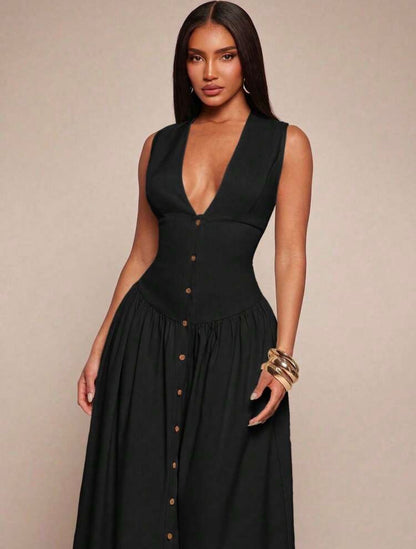 Radiana Women's Sexy Elegant Minimalist Faux Linen V-Neck Tank Dress, Long Dress, Waist-Cinching Dress, Button-Front Dress, Shirt Dress, Full Skirt Dress, Casual Dress, Casual Business lOld Money Style @ CHRISTIAN DELOS