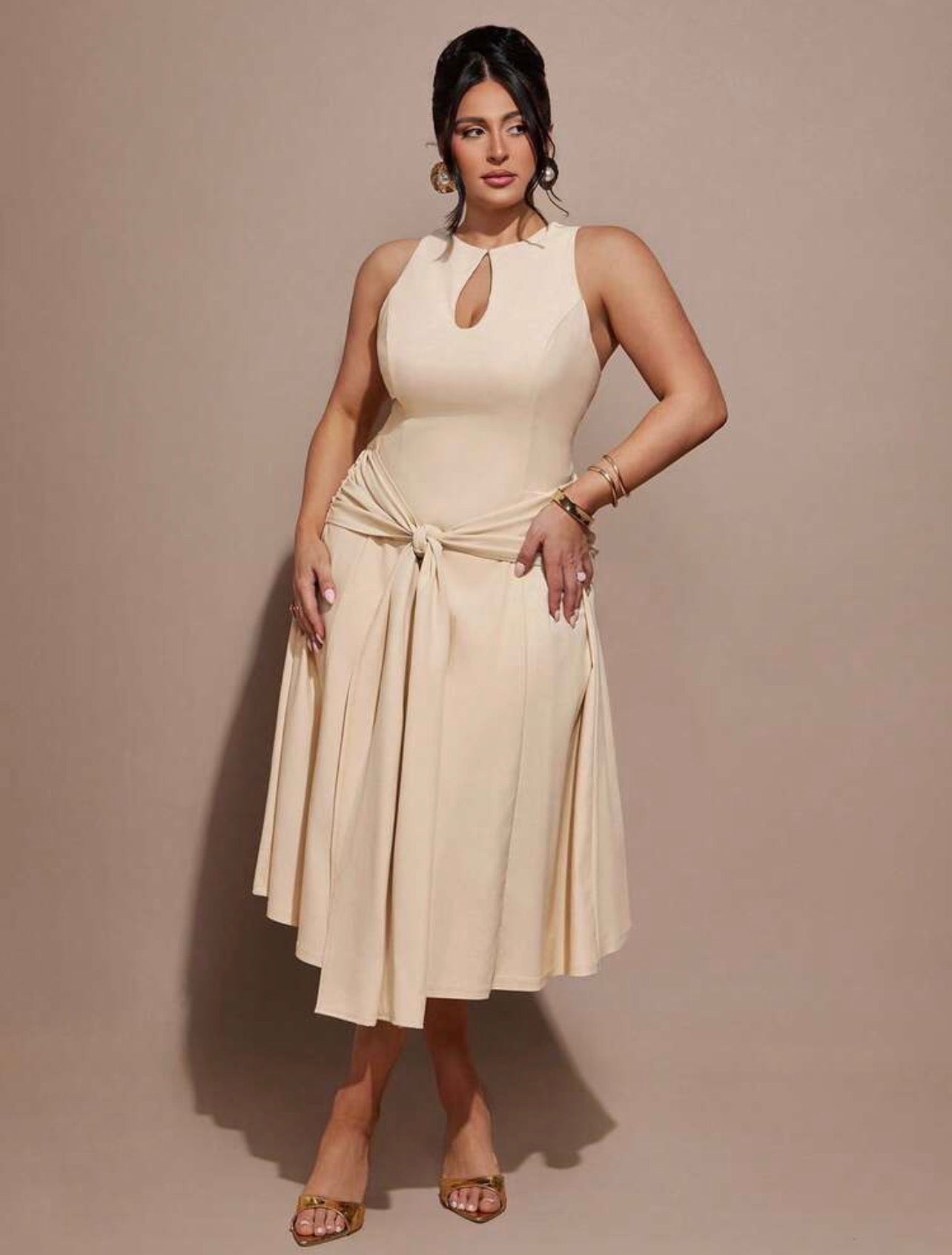 Beige Stunning Curve Cocktail Slit Silhouette Dress - CHRISTIANDELOS FASHION