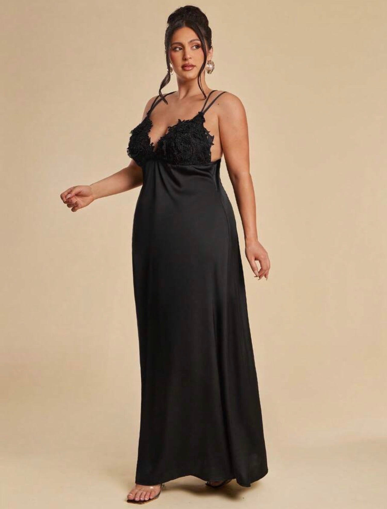 Elegant Black Deep V-Neck Satin Backless Dress,Lace Floral Tie-Up Sommar Evening Formal Dress @CHRISTIANDELOS