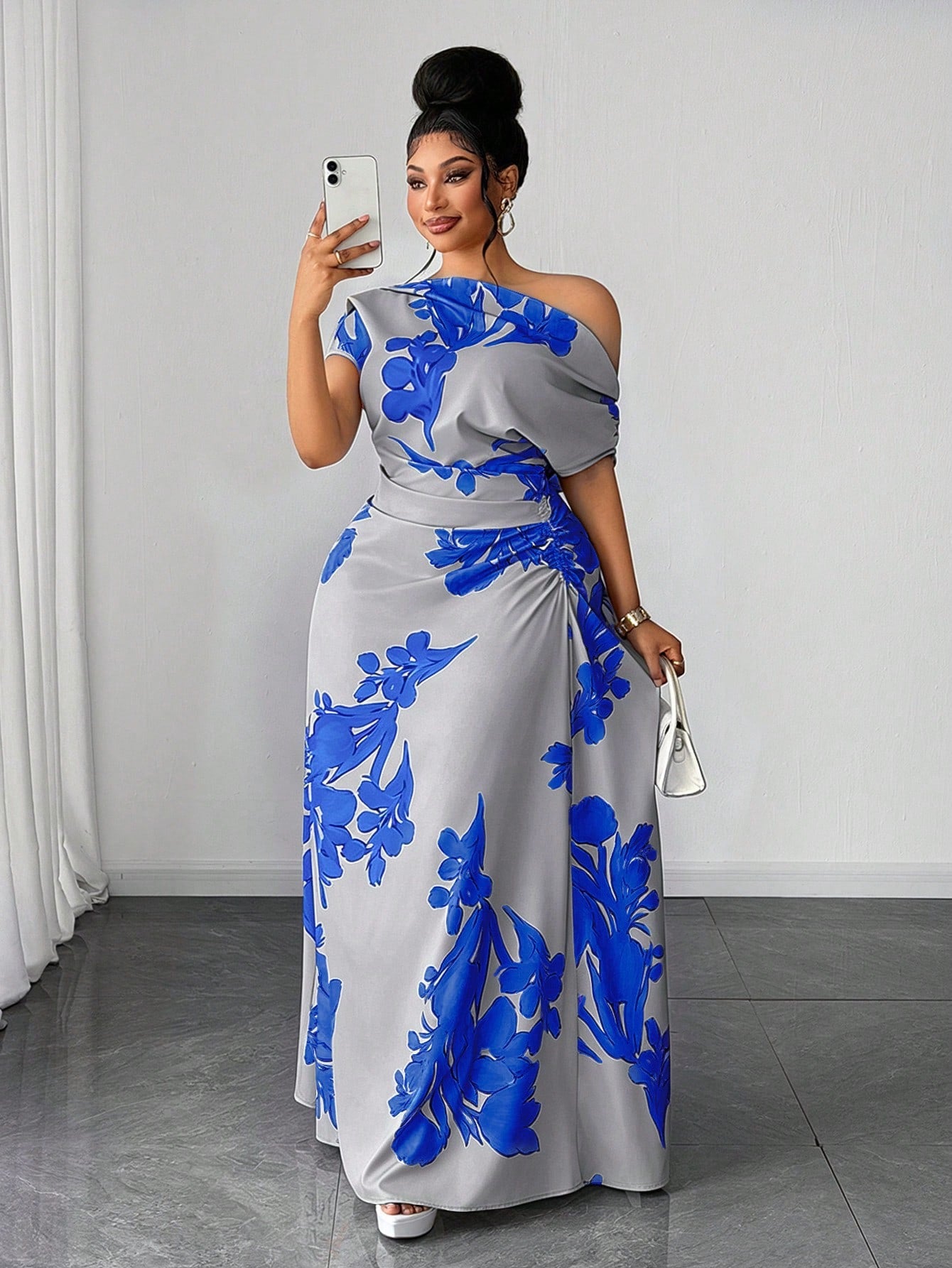 Floral Print Ruched Waist Slit Shoulder Casual Vacation Dress