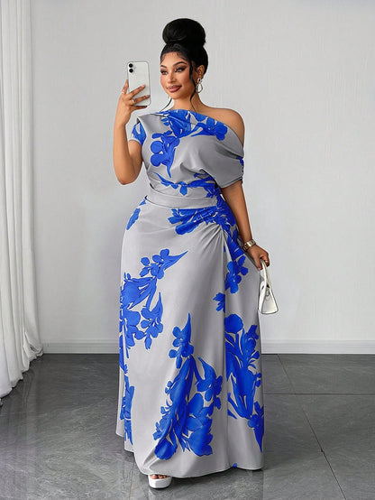 Floral Print Ruched Waist Slit Shoulder Casual Vacation Dress