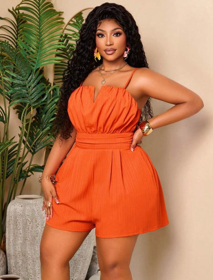 Orange Casual Jumpsuit, Sleeveless Spaghetti Strap V-Neck Ruched Short Jumpsuit With Pockets, Suitable For Daily Wear