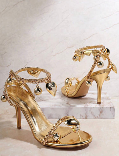 Women Shoes Cross Ankle Strap Heart Decor Open Toe Stiletto Thin High Heeled Sexy Glowing Gold Metallic Sandals Heels