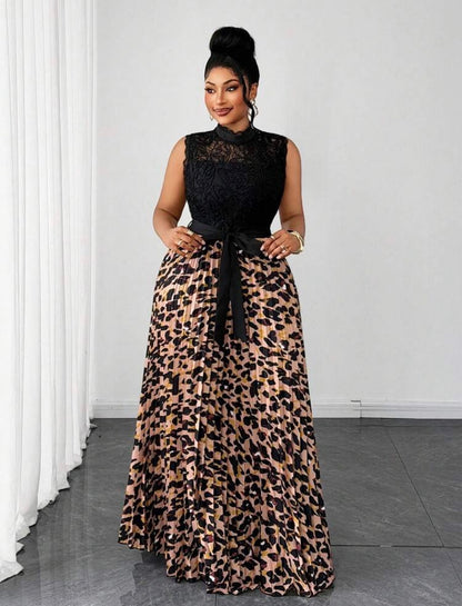 Elegant Exquisite Cinched Waist Lace Patchwork Leopard Print Pleated Long Sleeveless Casual Dress