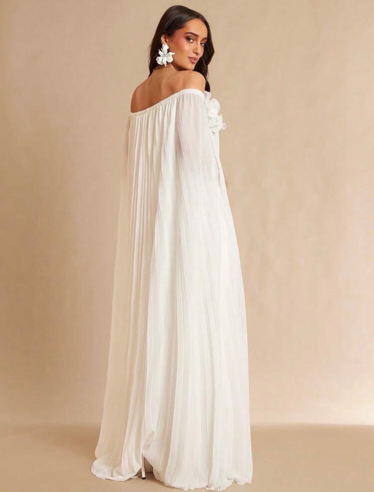 Silquee French Style White Elegant Dress For Women,Solid 3D Floral Appliqué Pleated Backless Evening Gown Classy @CHRISTIANDELOS