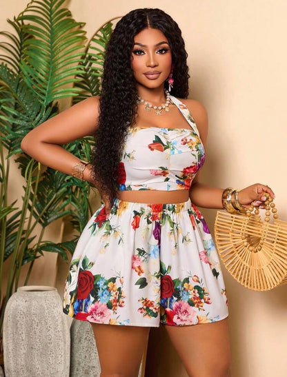 Floral Neck Crop Top And Shorts Set With Lace-Up Back Design And Ruffle Details, Suitable For Vacations