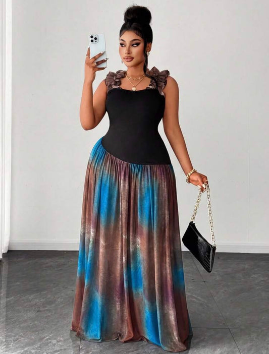Sleeveless Color Block Casual Dress, Suitable For Vacation Outings, Women's Holiday Outfit, Long Casual Dress