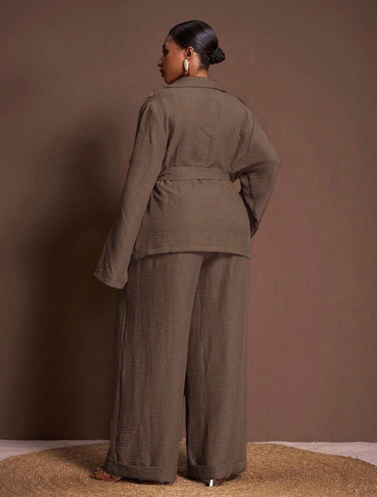 Courting Two-Piece Set , Casual Everyday Wear - Elegant Commute Jacket And Wide Leg Long Pants With Pockets - CHRISTIAN DELOS