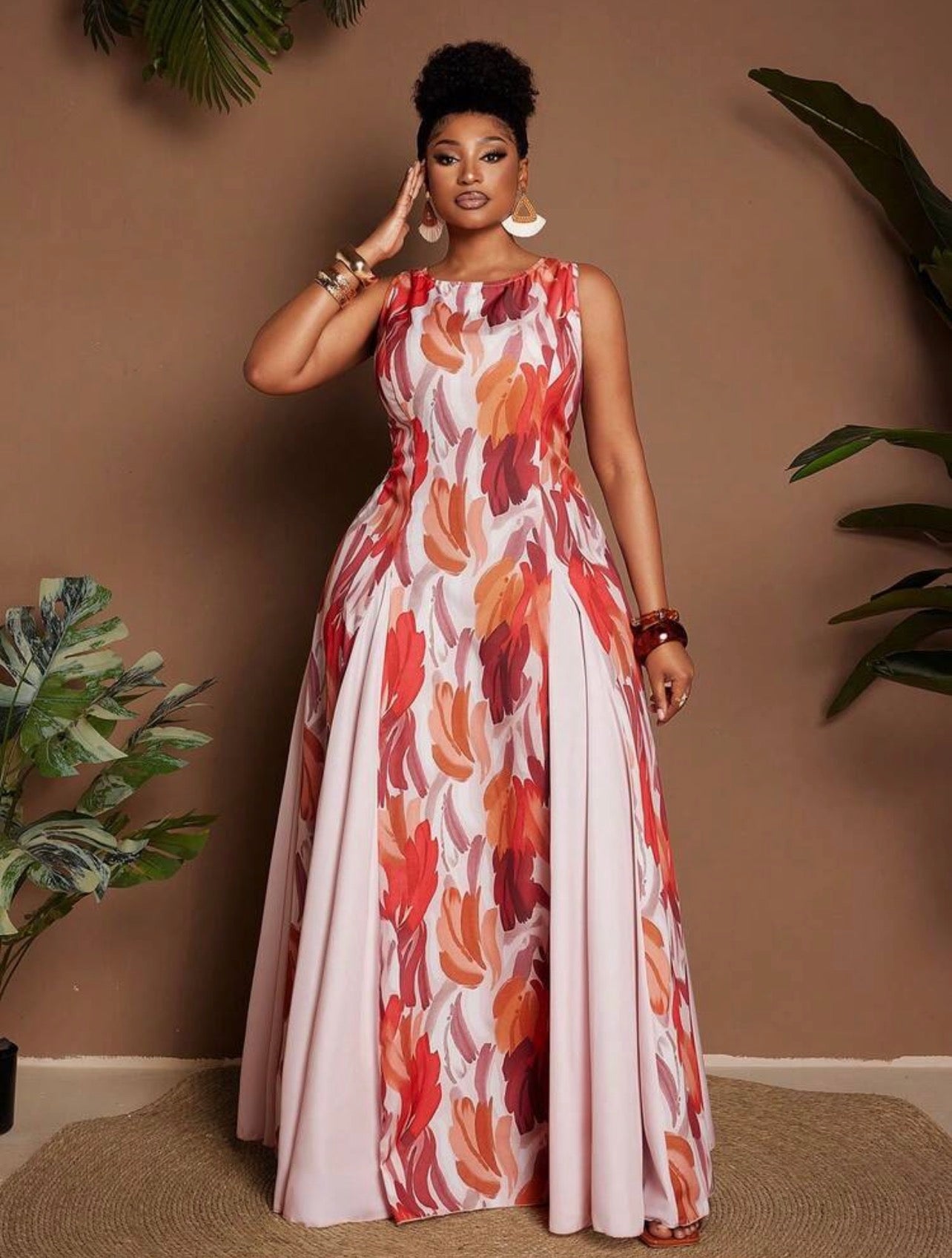 Tropical Vacation Holiday Floral Print Sleeveless Round Neck Waist Flowy Maxi Dress For Party Resort Style