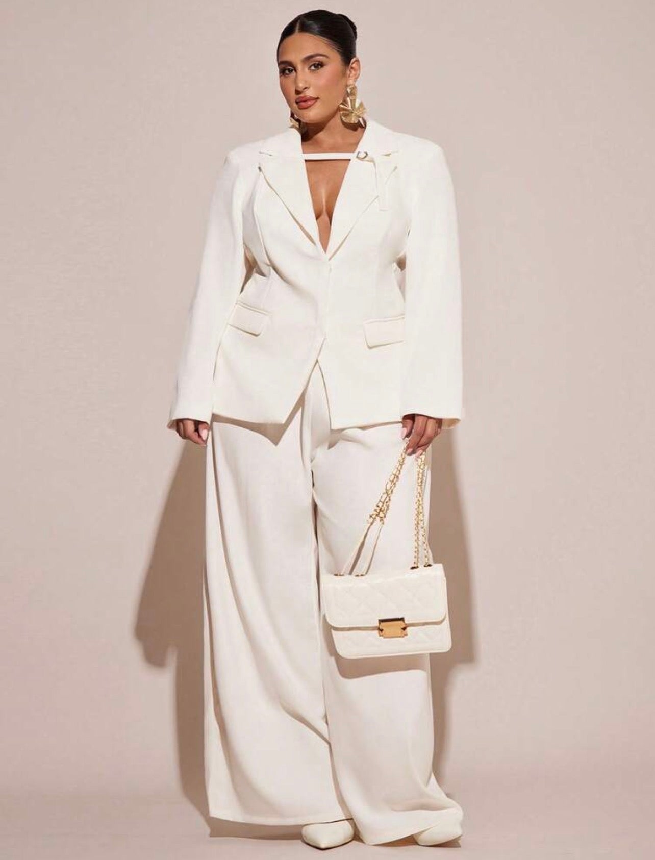 Curve White Elegant Formal Two Piece Suit,Business Casual Blazer Set With Wide-Leg Pants,Corporate Work Suits to All Occasions