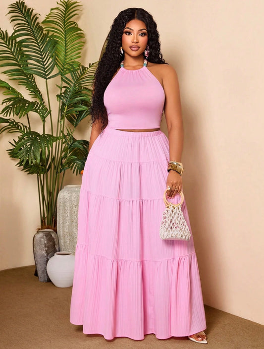 Pink Neck Tie Back Crop Top With Flowy Tiered Maxi Skirt, Elegant Two Pieces Outfit