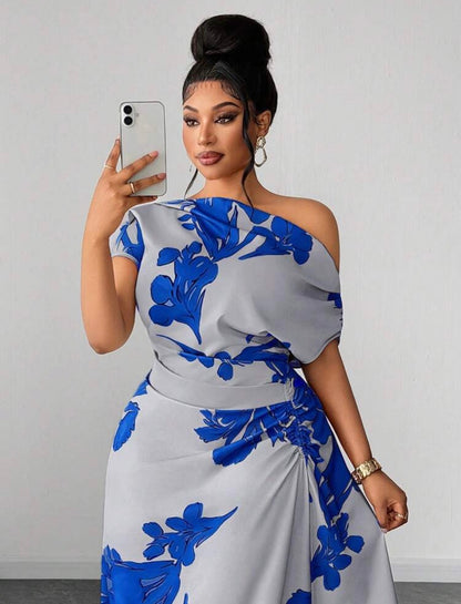 Floral Print Ruched Waist Slit Shoulder Casual Vacation Dress