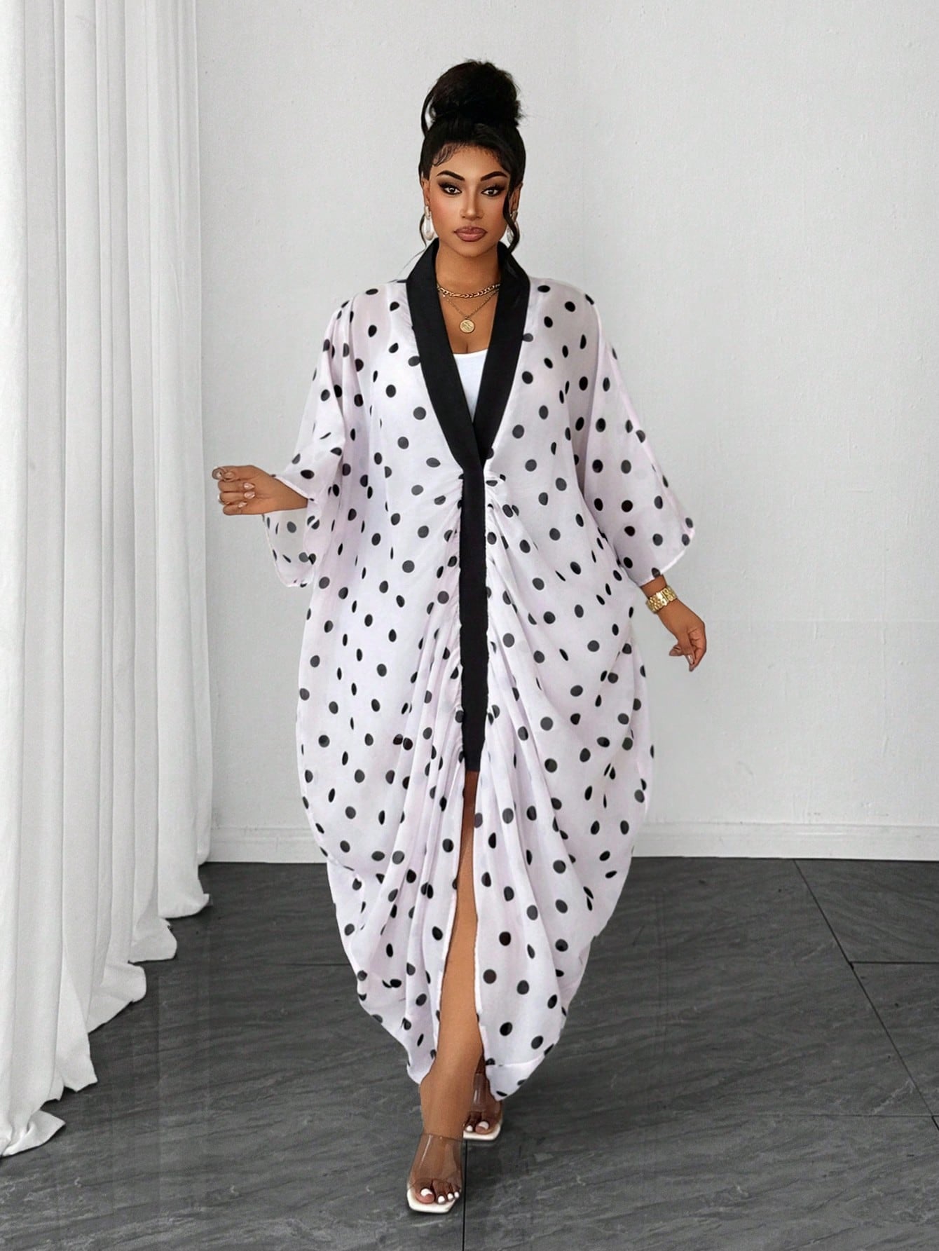 Polka Dot Mesh Loose Batwing Sleeve Design Slouchy African Fashion Women's Clothing Plus Size Casual Daily Commute Versatile Dress