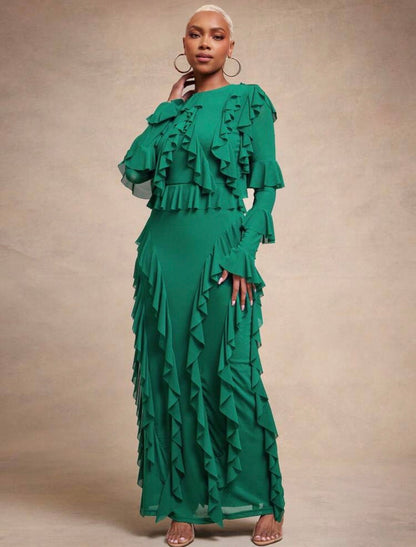 Vixey Lined Mesh Ruffle Detail Midi Dress, Elegant, Date Night, Glamorous For Special Occasion