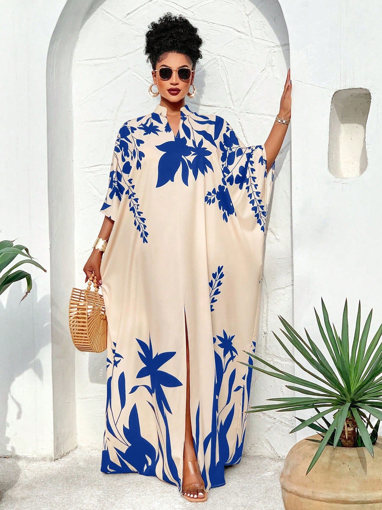 Off-Shoulder Front Slit Maxi Dress With Sunshine/Plant Element Print Is An Important Fashion Item For Very Social Life Occasions