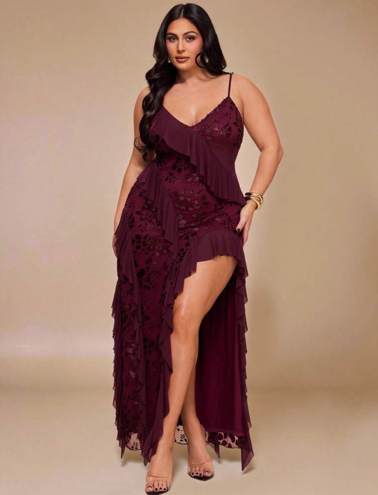 High Fashion Brand @CHRISTIANDELOS_ Asymmetric Ruffle Hem Dress, High Slit, Burgundy, Outfits For Women || VERI CLASSY VERI DEMURE •••