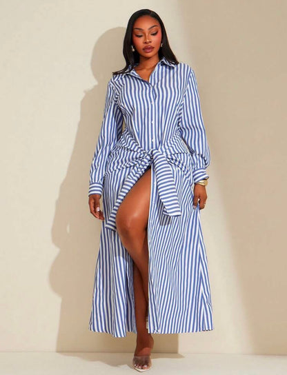 Pointed Collar Self Tie 2 In 1 Design Maxi Shirt Dress,Suitable For Urban,Sexy Office Siren Coquettish,Versatile,Cruise Attire | Available  @CHRISTIANDELOS_