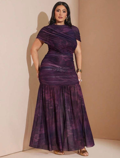 Ladies Elegant Dark Purple Formal Dress,Tie & Dye Mesh Ruched O Neck Maxi Dress With Sheer Sleeves,Sophisticated Mermaid Hem Gown