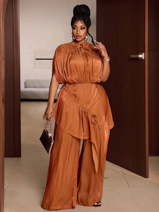 LUXURY Women's Pleated Cinched Waist Elegant Maillard Style Blouse And Wide Leg Pants 2-Piece Set - CHRISTIANDELOS