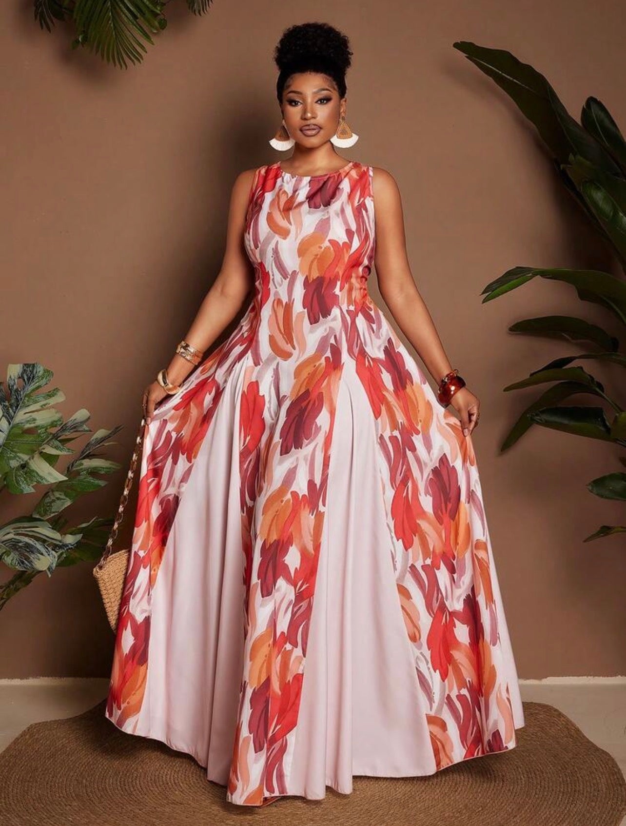 Tropical Vacation Holiday Floral Print Sleeveless Round Neck Waist Flowy Maxi Dress For Party Resort Style