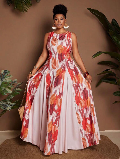 Tropical Vacation Holiday Floral Print Sleeveless Round Neck Waist Flowy Maxi Dress For Party Resort Style