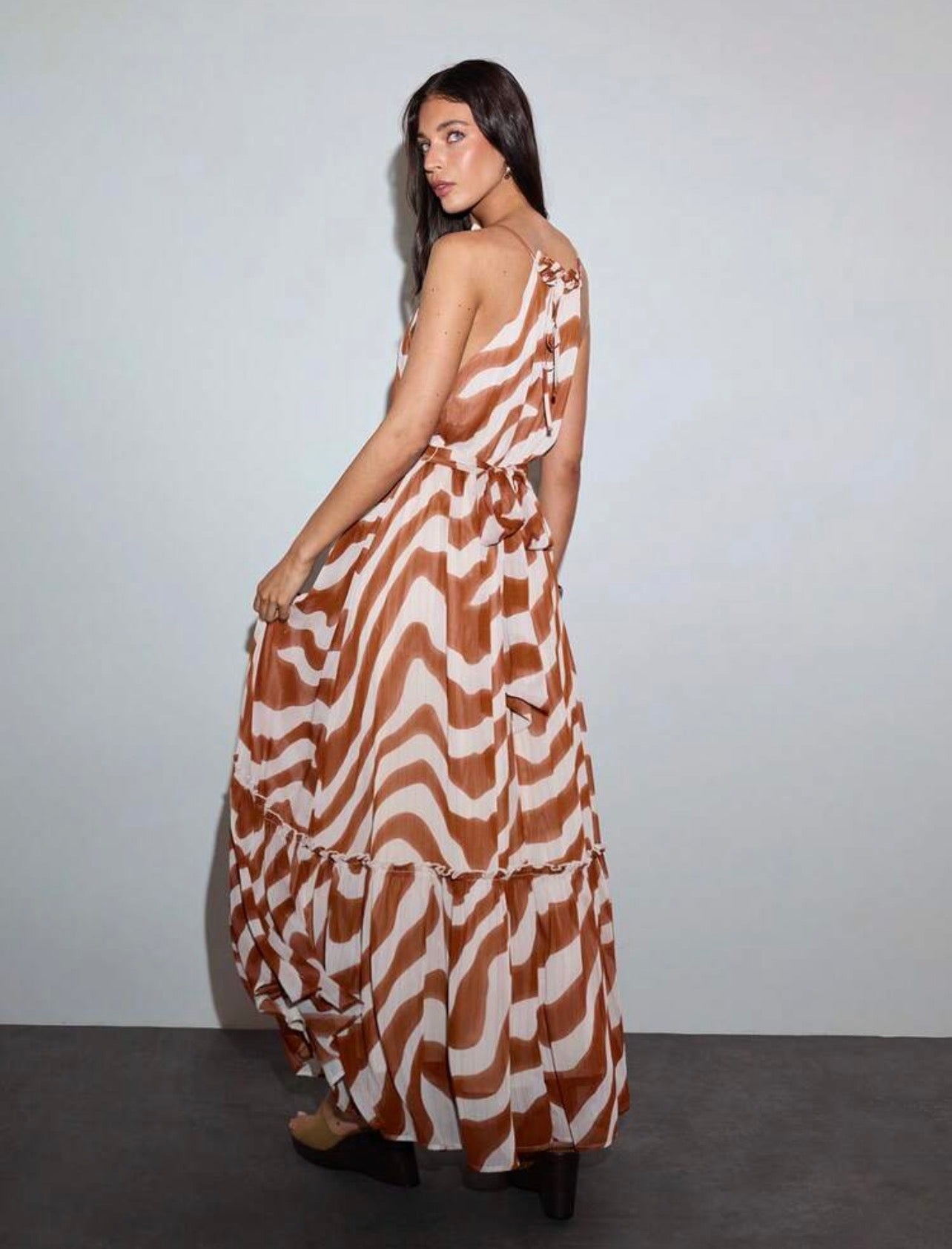 PREMIUM DEEP V-NECK CINCHED WAIST A-LINE STRIPED PRINT DRESS
