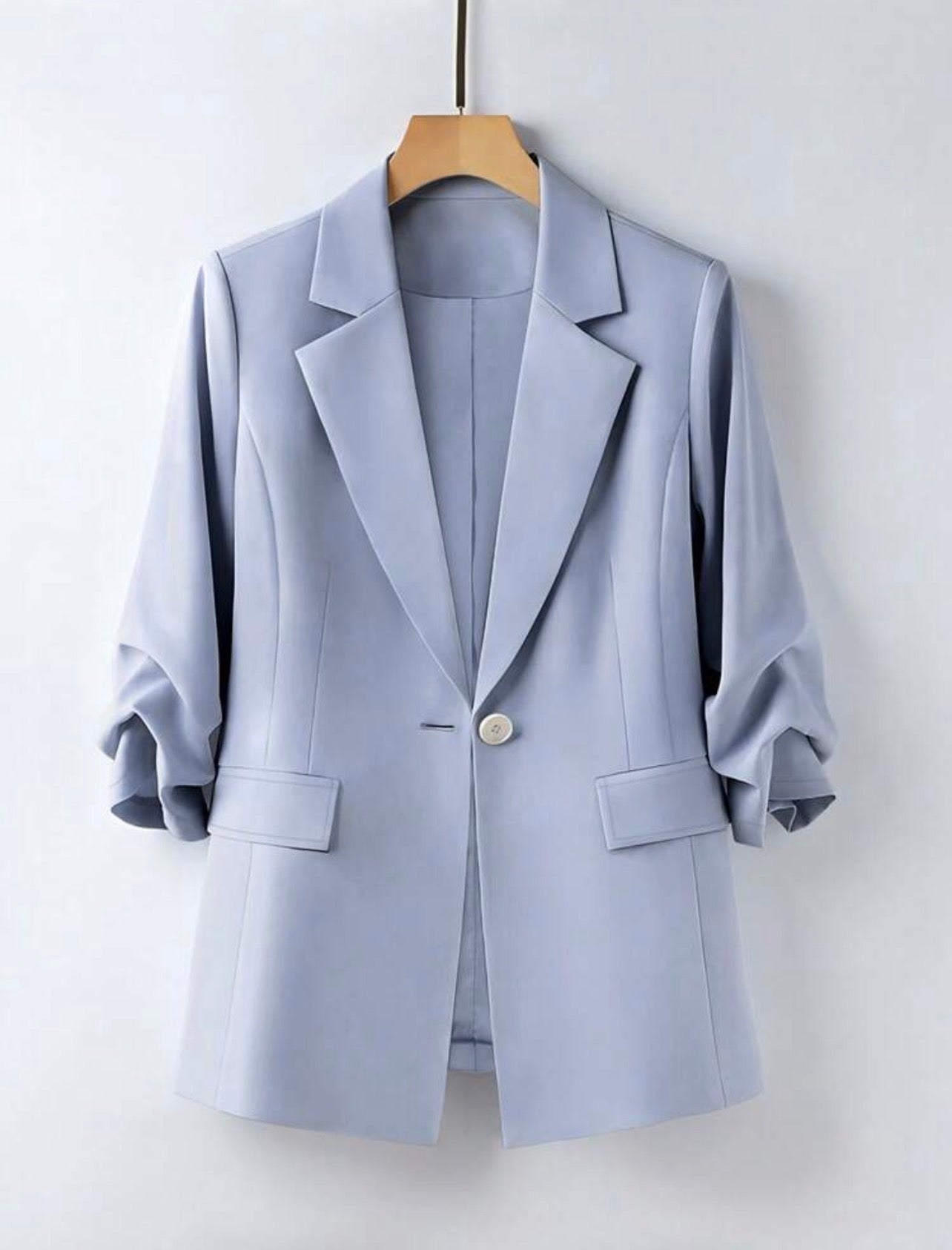 Commute Pleated Design 3/4 Sleeve Loose Single-Breasted One-Button Blazer With Real Pockets And Long Pants Set