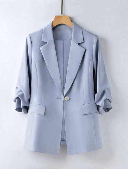 Commute Pleated Design 3/4 Sleeve Loose Single-Breasted One-Button Blazer With Real Pockets And Long Pants Set