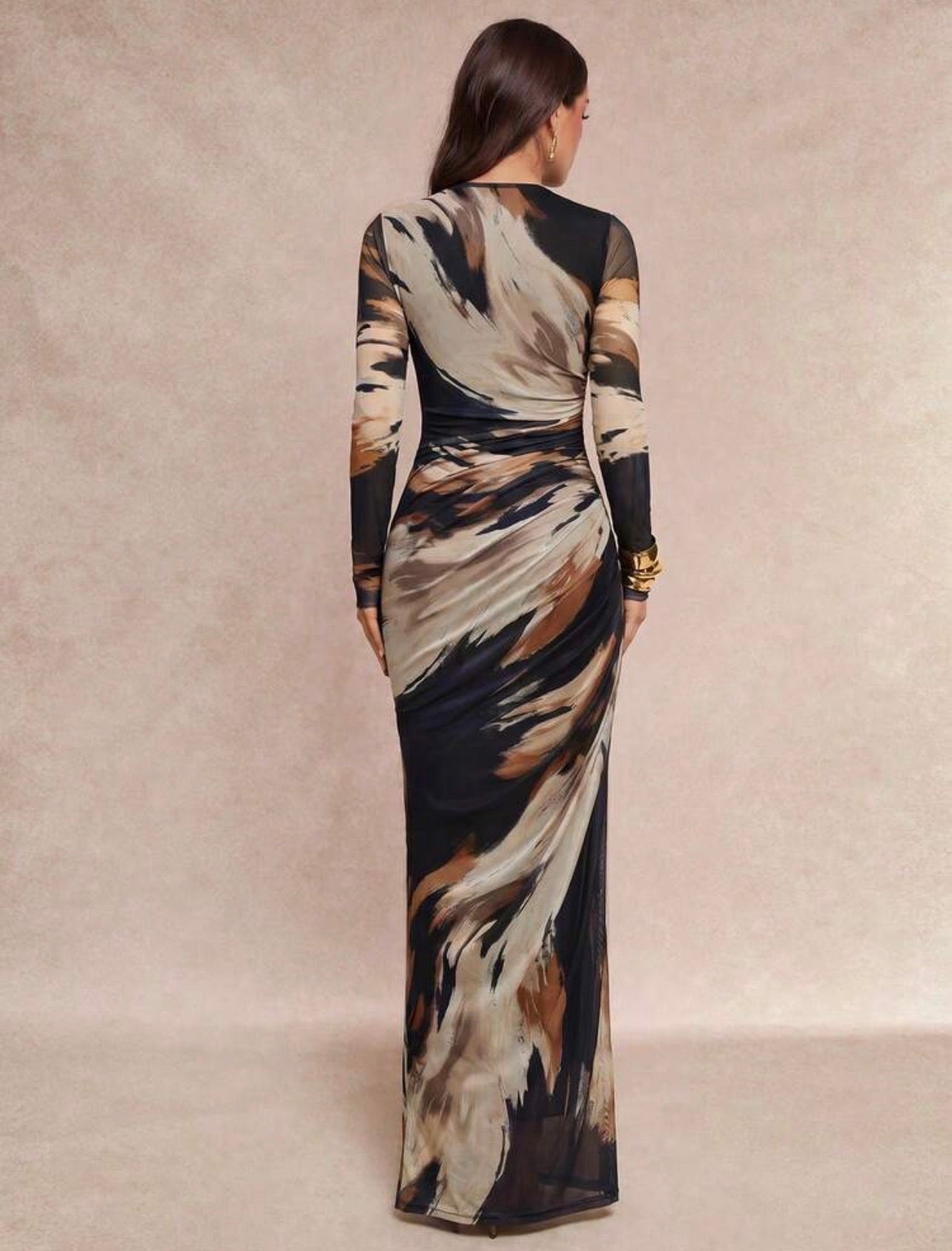 Silquee Ladies Brown Tie-Dye Printed Mesh Round Neck Long-Sleeved Dress Features A Fitted Waist With Ruching,Showcasing Feminine Charm. Elegant And Captivating @CHRISTIANDELOS