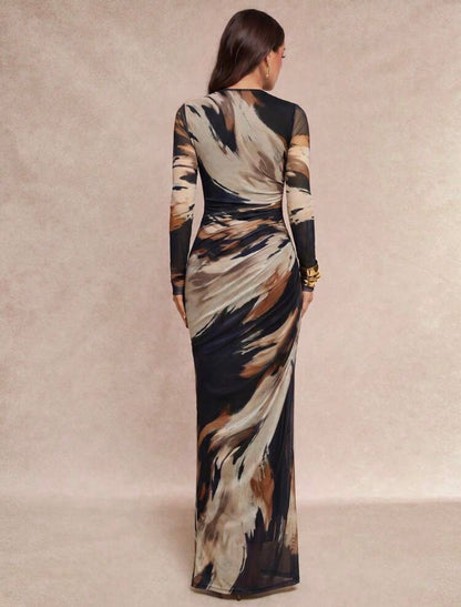 Silquee Ladies Brown Tie-Dye Printed Mesh Round Neck Long-Sleeved Dress Features A Fitted Waist With Ruching,Showcasing Feminine Charm. Elegant And Captivating @CHRISTIANDELOS