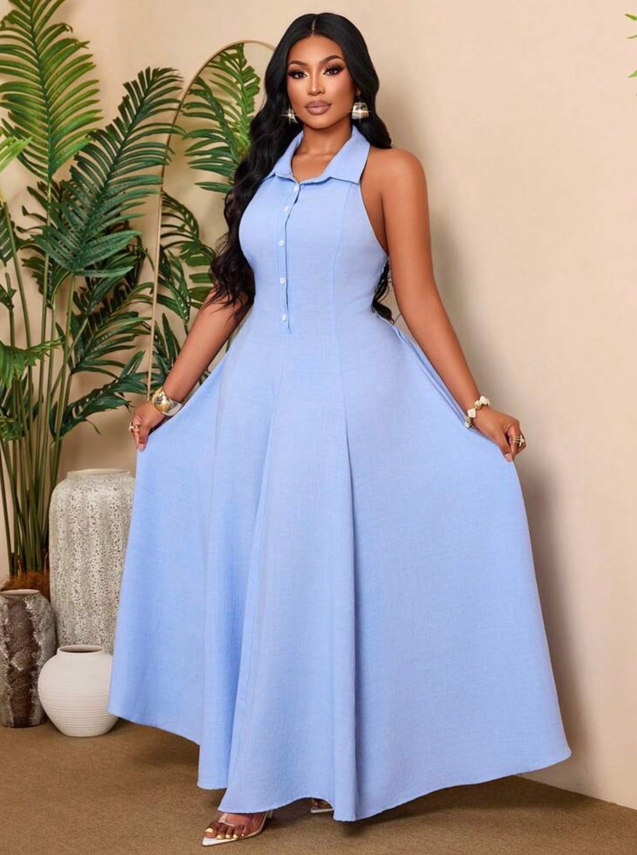 Sleeveless Woven Fabric Maxi Dress With Backless And Button Details
