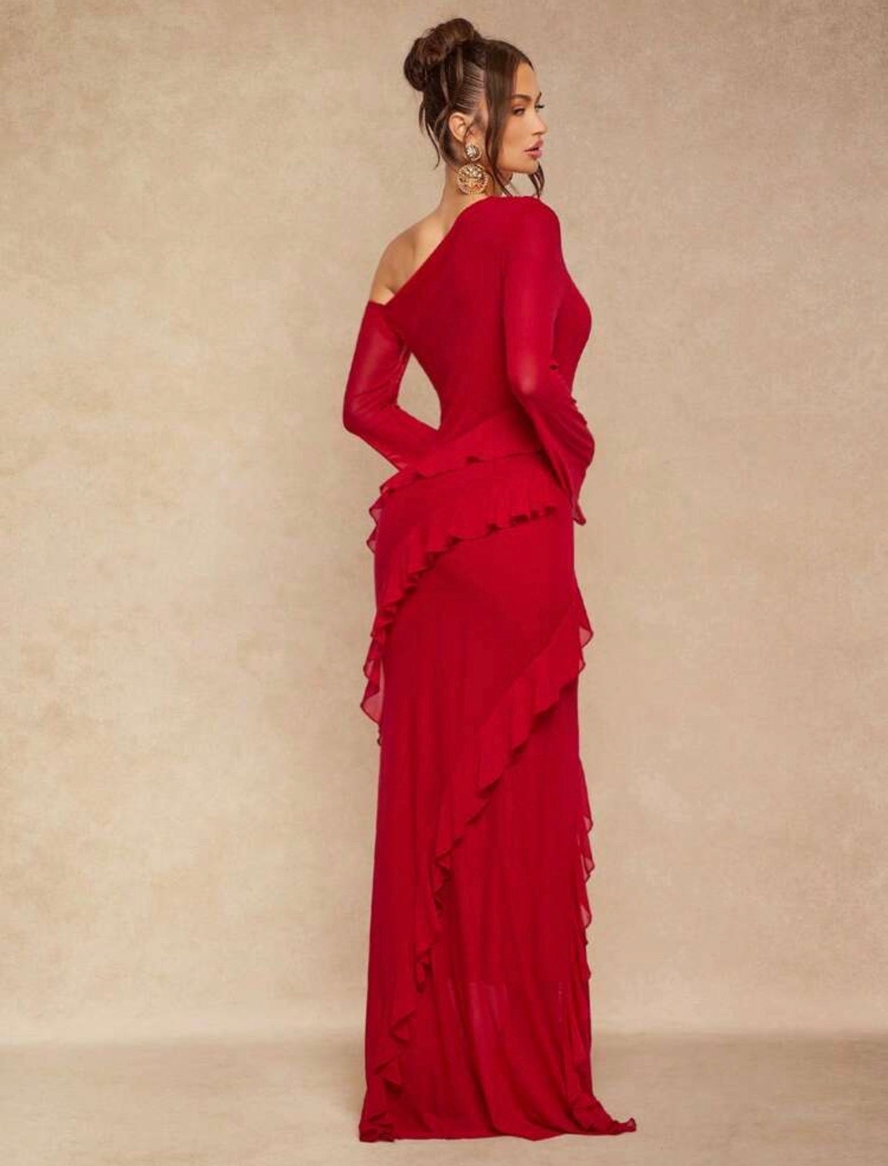 Burgundy Red Elegant Party Dress For Women,Sheer Shoulder Ruched Flare Sleeve Ruffled Hem Fitted Dress