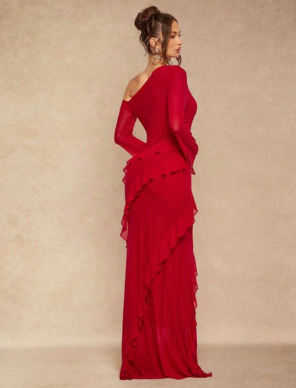 Burgundy Red Elegant Party Dress For Women,Sheer Shoulder Ruched Flare Sleeve Ruffled Hem Fitted Dress