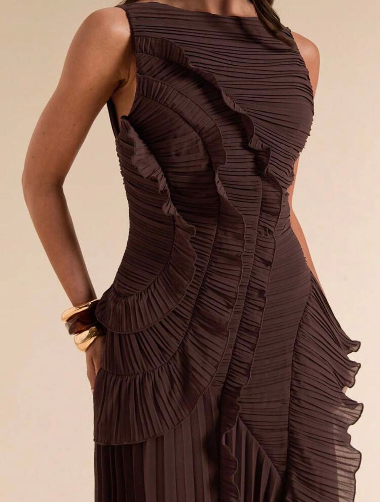 Sleeveless Backless Pleated Split High Slit Dress, Elegant with Tailored Details Design