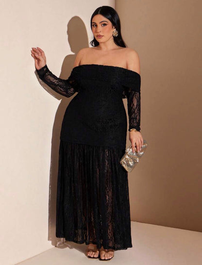 Ladies Extra Long Off Shoulder Lace Black Dress @CHRISTIANDELOS