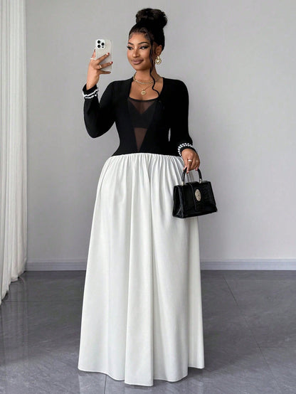 STYLISH Mesh Patchwork V-Neck Fitted Waist Top,A-Line Design,Beaded Cuffs,Autumn,Elegant,Traditional DRESS