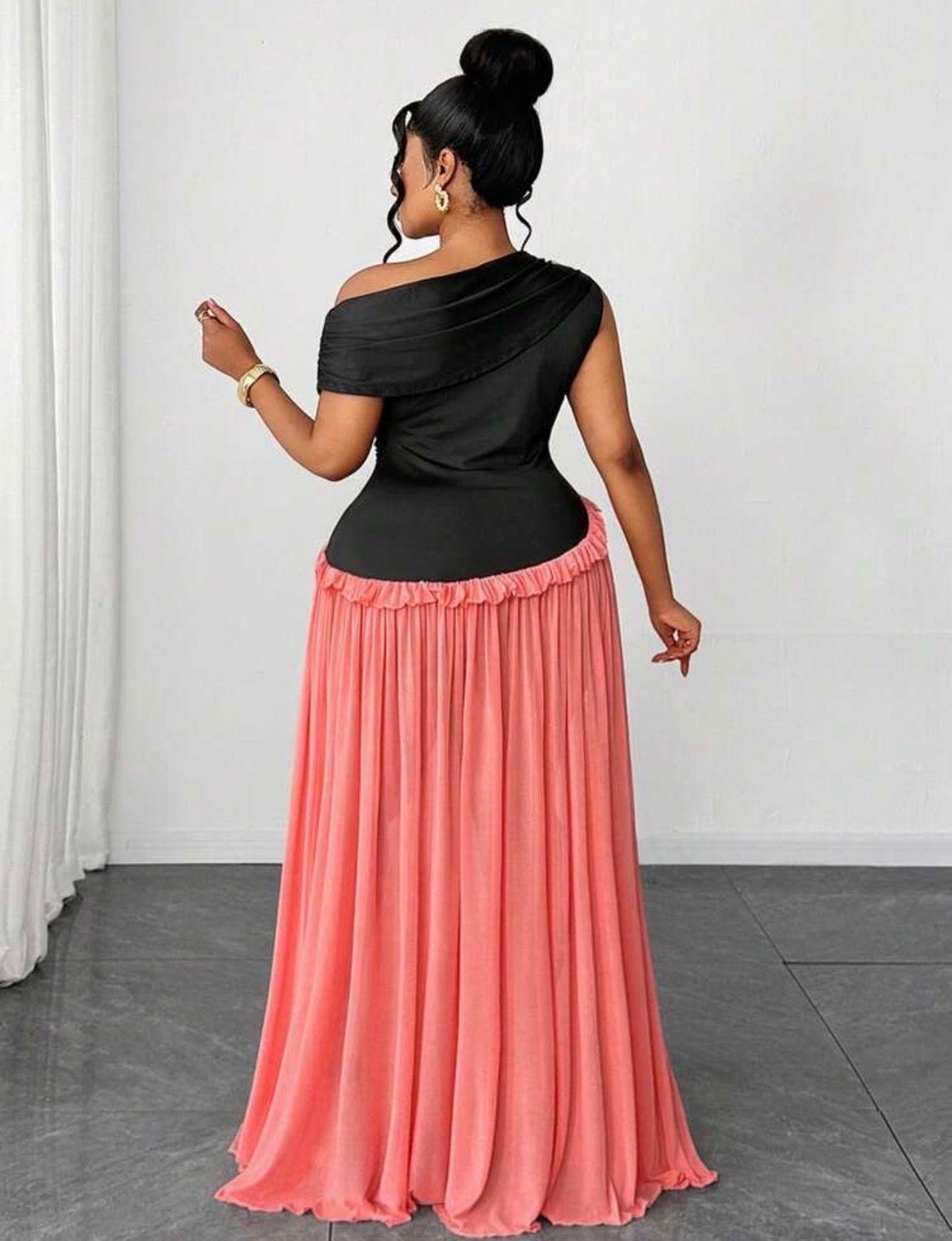 Vacation Color Block Black & Pink Mesh Flared Sleeveless Asymmetric Ruched Unique Design Elegant Party Dress